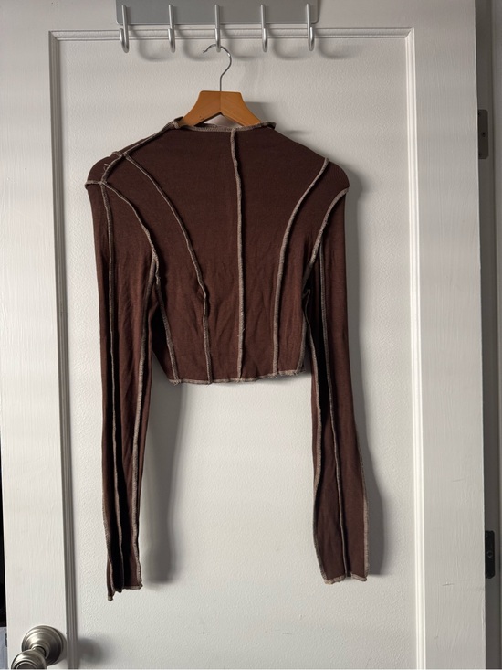 12th Tribe Tops - 12th Tribe Ribbed Exposed Stitch Mock Neck Crop Top - Size S
